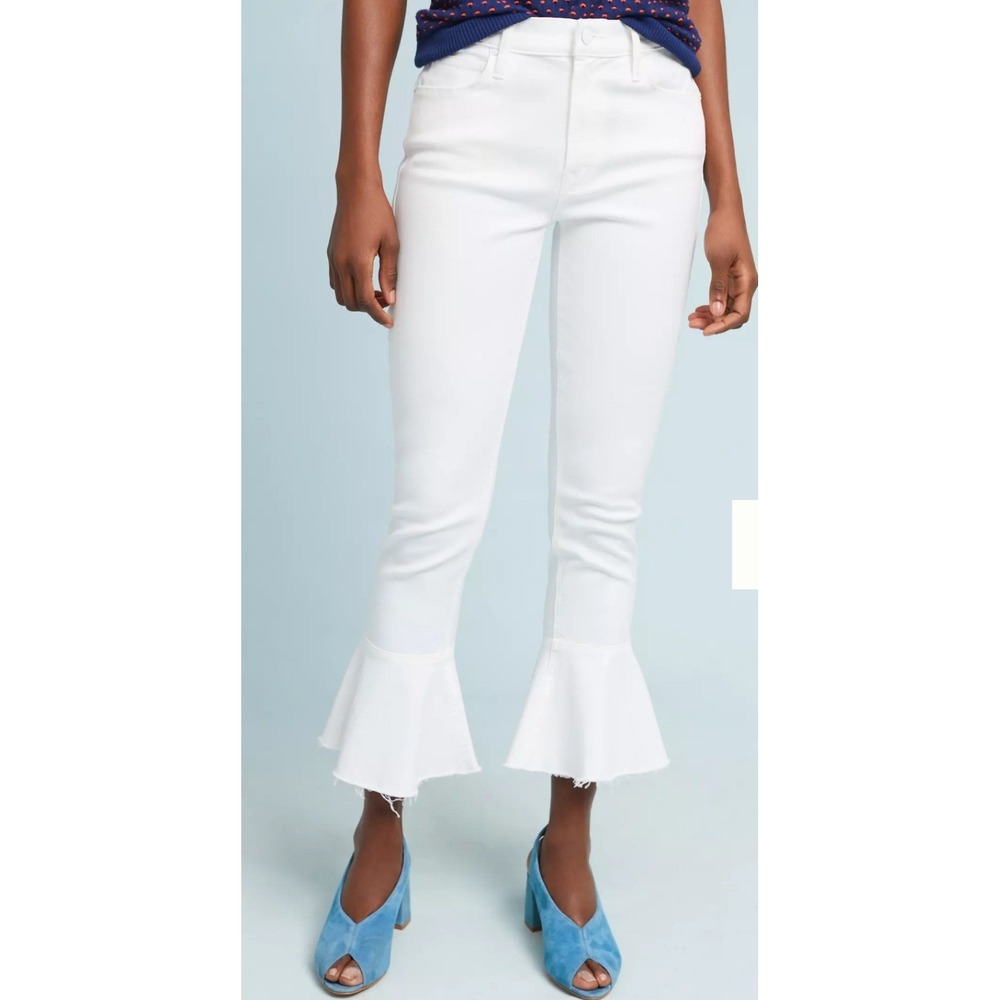 MOTHER Cha Cha Fray White Flare Jeans Raw Hem Frayed Denim Size 26